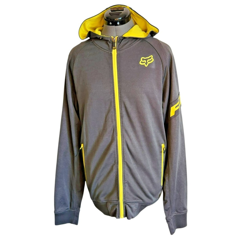 Fox Racing Fox Active Mens Gray Yellow Full Zip Hooded Performance Sweatshirt L